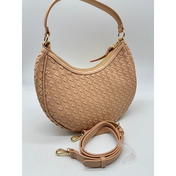 Macy's On 34th woven faux-leather shoulder hobo crossbody bag - Chai / Pink - Picture 1 of 13